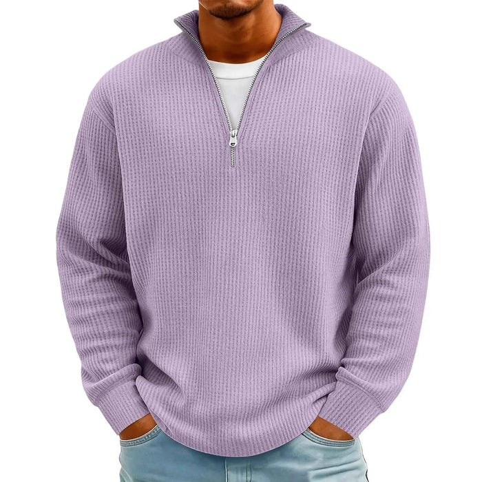 Men's Waffle Long Sleeve Polo T-Shirt – Casual Loose Fit Zipper Collar Sweatshirt