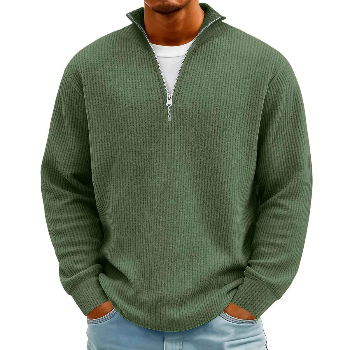 Men's Waffle Long Sleeve Polo T-Shirt – Casual Loose Fit Zipper Collar Sweatshirt