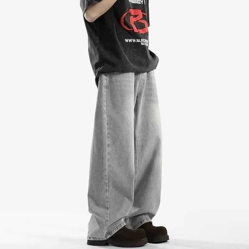 Men's Black Wide Leg Retro Jeans – Washed Loose Straight Cleanfit Denim Pants