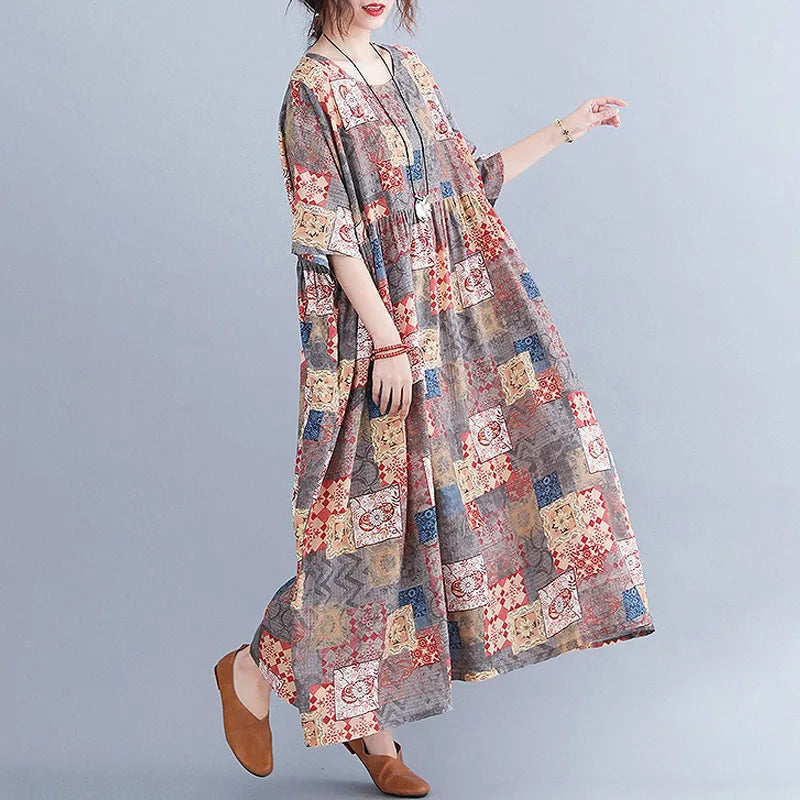 Women's Plus Size Bohemian Maxi Dress – Geometric Pattern Dress with Pockets