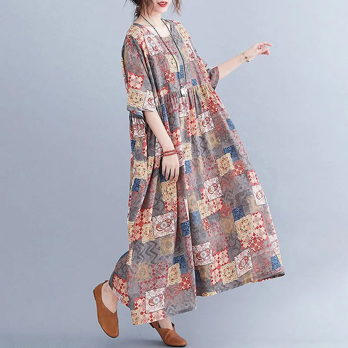 Women's Plus Size Bohemian Maxi Dress – Geometric Pattern Dress with Pockets
