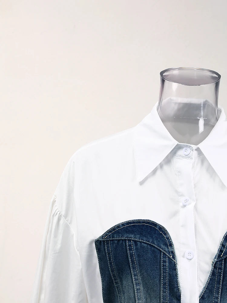 Women's Striped Denim Spliced Blouse – Elegant Lapel Long Sleeve Shirt 2026