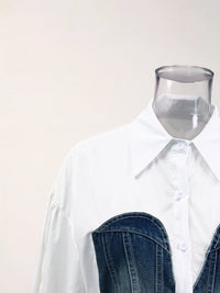 Women's Striped Denim Spliced Blouse – Elegant Lapel Long Sleeve Shirt 2026