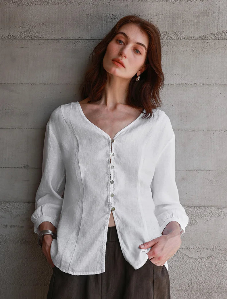 Women's Linen V-Neck Shirt – Premium White Retro Three-Quarter Sleeve Top