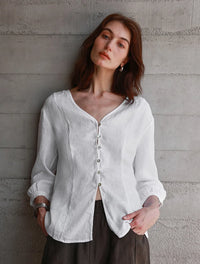 Women's Linen V-Neck Shirt – Premium White Retro Three-Quarter Sleeve Top