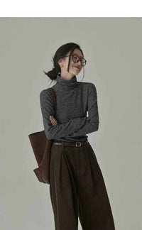 Women's Striped Long Sleeve Turtleneck T-Shirt – Cozy Elegant Korean Style Casual Spring T-Shirt
