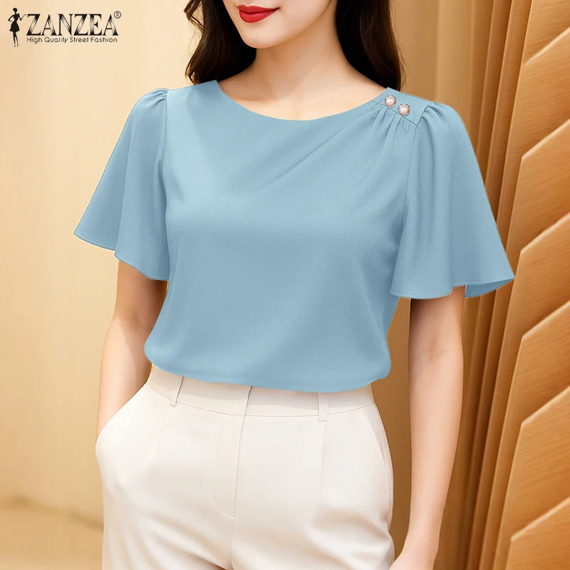 Women's Satin Office Blouse – Elegant Short Sleeve O-Neck Work Top 2025