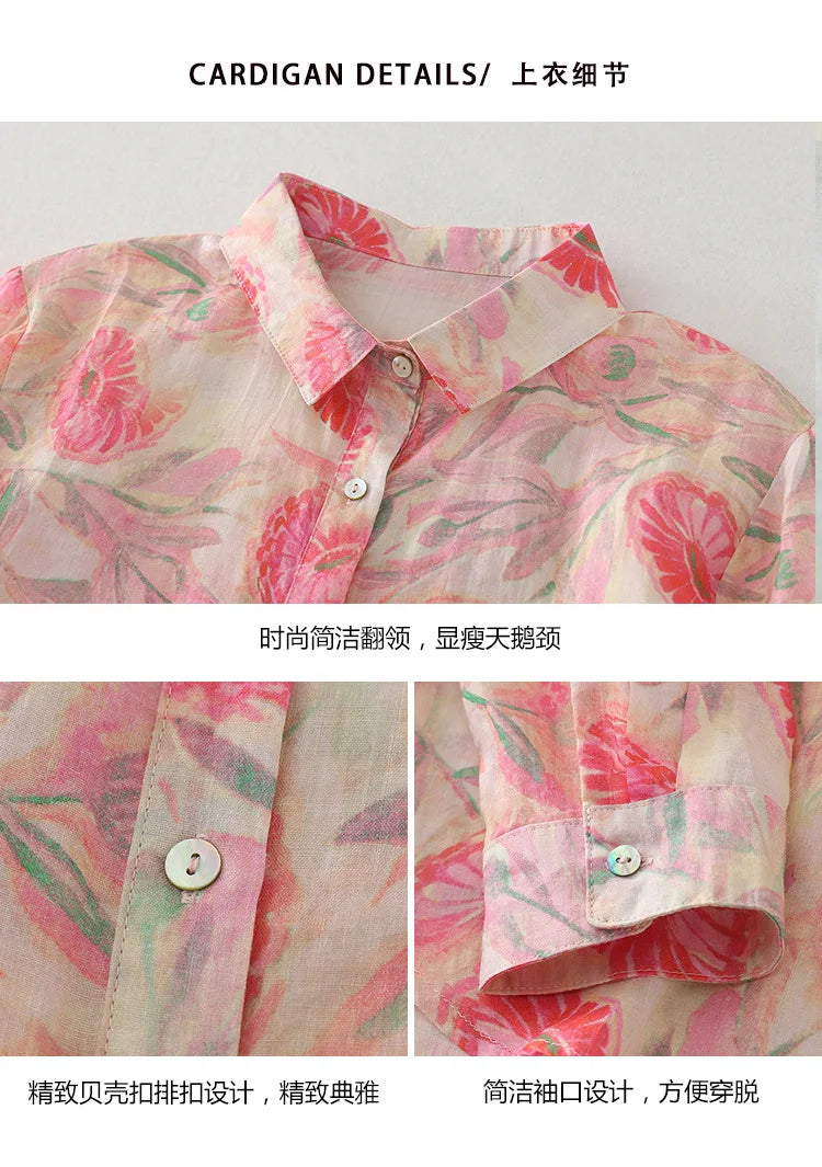 Women's Floral Cotton Linen Shirt – French Artistic Print Long Sleeve Blouse