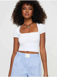 Women's Y2K U-Neck Crop Top – Slim Short Sleeve Casual Tee
