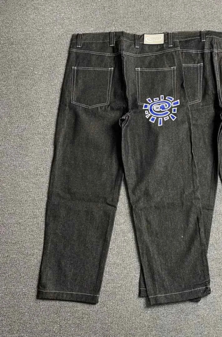 Men's Printed Embroidered Straight Jeans – Trendy Black Streetwear Denim Pants