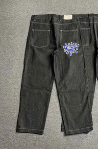 Men's Printed Embroidered Straight Jeans – Trendy Black Streetwear Denim Pants