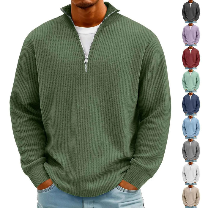 Men's Waffle Long Sleeve Polo T-Shirt – Casual Loose Fit Zipper Collar Sweatshirt