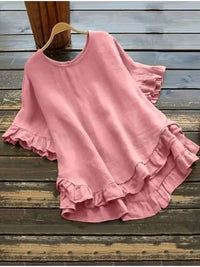 Women's Plus Size Ruffled Hem T-Shirt – Casual Short Sleeve Back Button Top