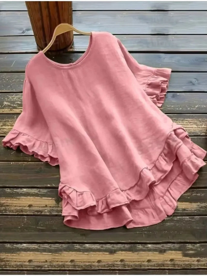 Women's Plus Size Ruffled Hem T-Shirt – Casual Short Sleeve Back Button Top