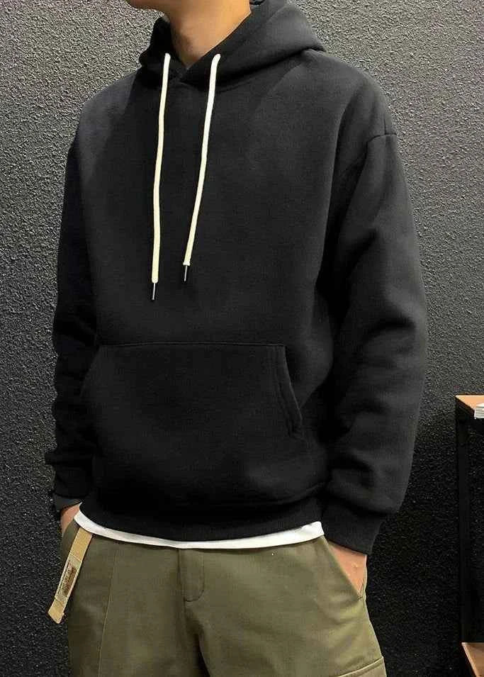 Men's Green Fleece Hooded Sweatshirt – Solid Color Casual Pullover Hoodie