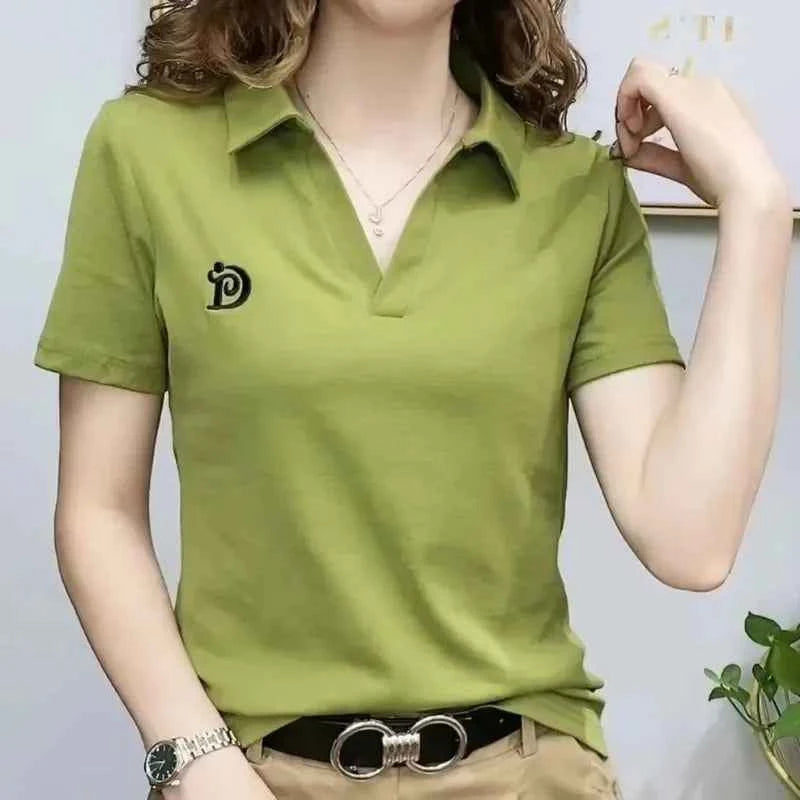 Women's embroidered polo t-shirt – Slim Fit Elegant Korean Summer Graphic Tee 2025