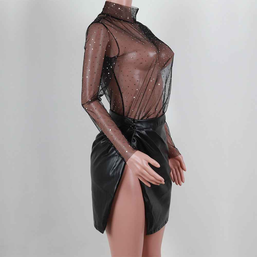Women's Lace Mesh Sheer Crop Top – Rhinestone Turtleneck Long Sleeve Cover Up