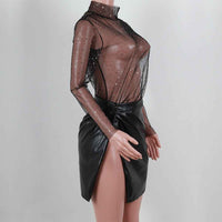 Women's Lace Mesh Sheer Crop Top – Rhinestone Turtleneck Long Sleeve Cover Up