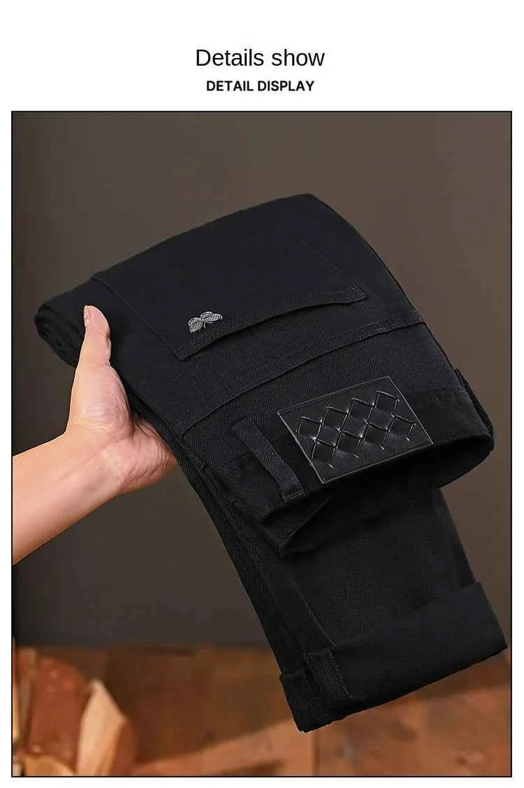 Men's Pure Black Slim Fit Jeans – Light Luxury Stretch Straight Leg Pants 2025