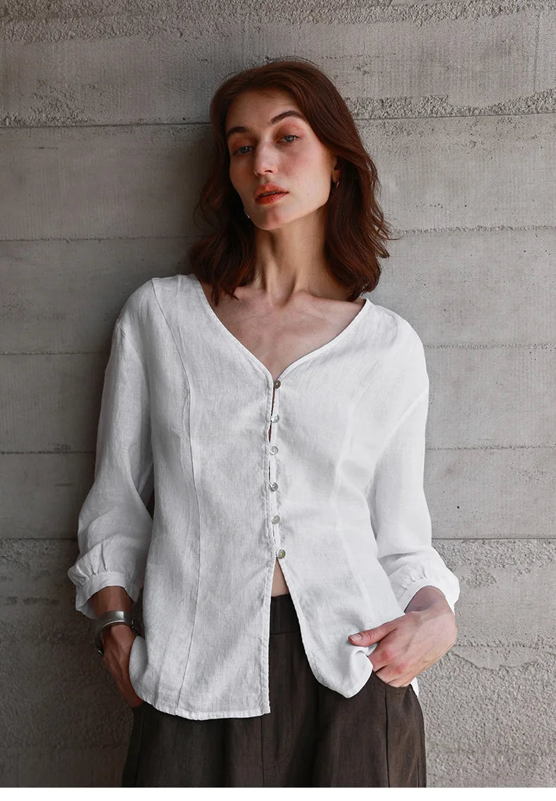 Women's Linen V-Neck Shirt – Premium White Retro Three-Quarter Sleeve Top