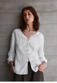 Women's Linen V-Neck Shirt – Premium White Retro Three-Quarter Sleeve Top
