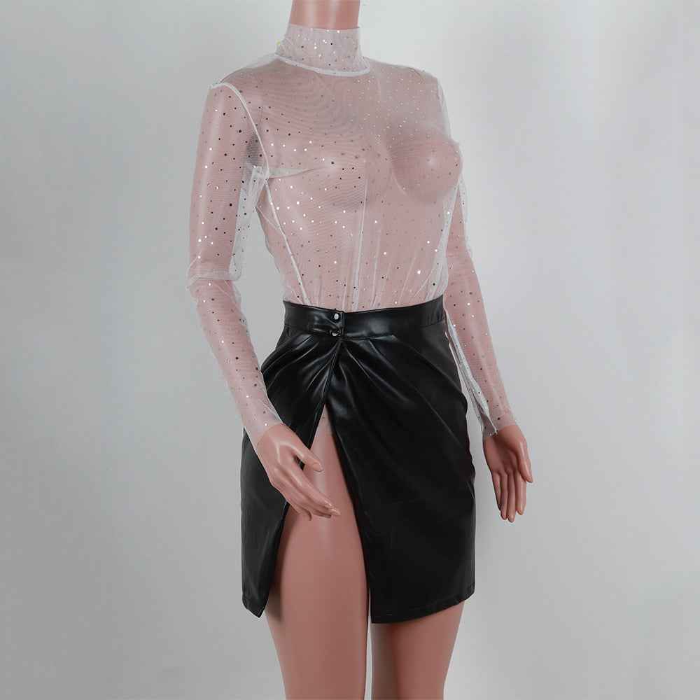 Women's Lace Mesh Sheer Crop Top – Rhinestone Turtleneck Long Sleeve Cover Up