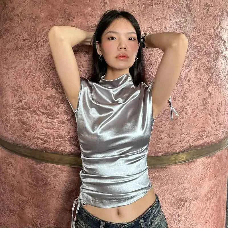 Women's Slim Fit Shirring T-Shirt Short Sleeve – Half Turtleneck Chic Streetwear Top