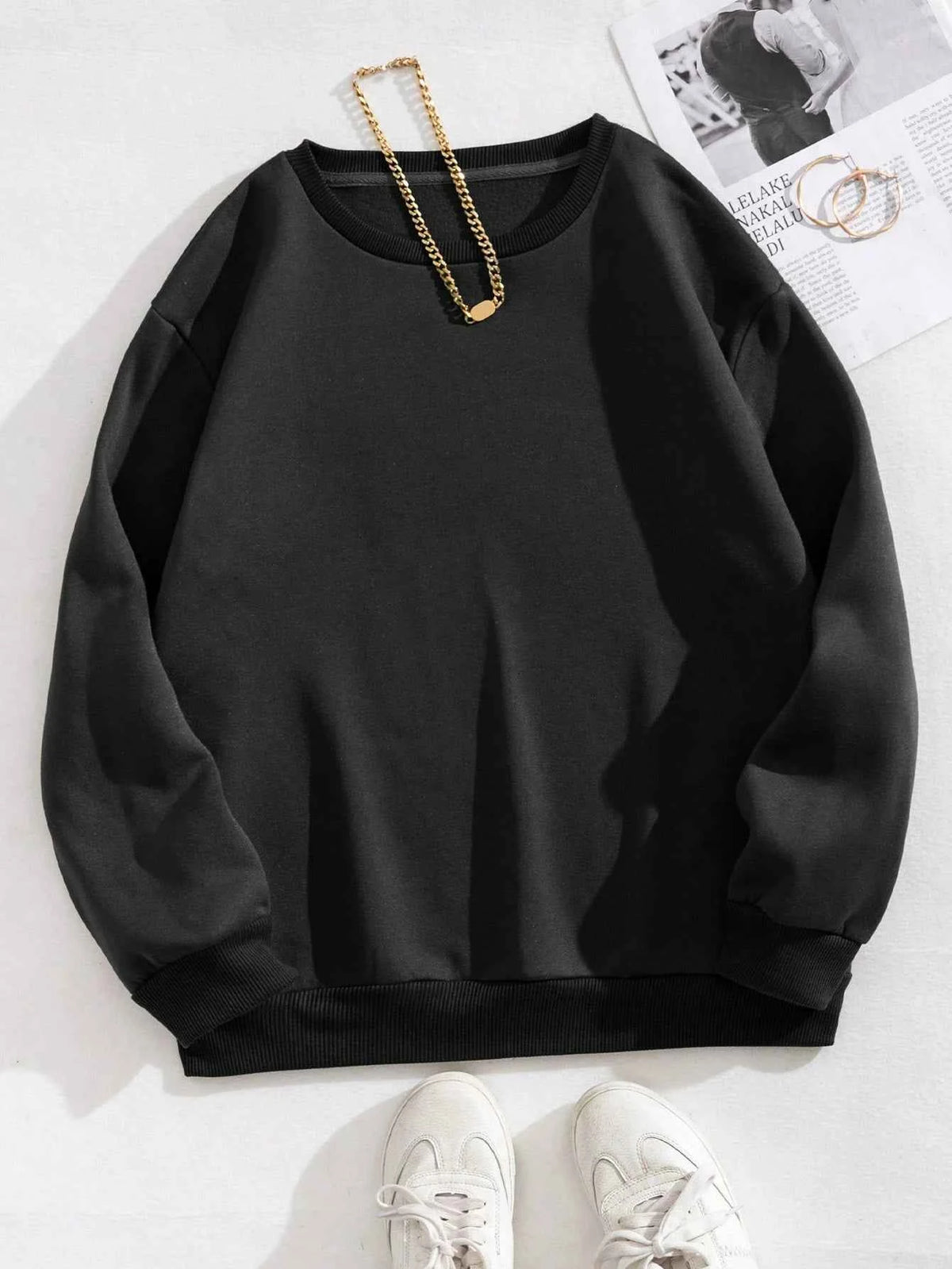 Women's Casual Solid Color Sweatshirt – Loose Fit Crewneck Fashion Pullover