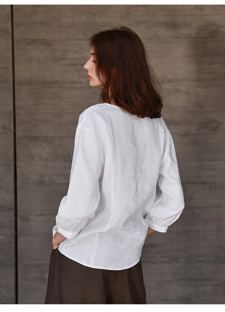 Women's Linen V-Neck Shirt – Premium White Retro Three-Quarter Sleeve Top