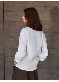 Women's Linen V-Neck Shirt – Premium White Retro Three-Quarter Sleeve Top