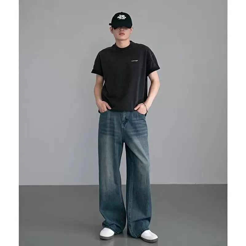 Men's Black Wide Leg Retro Jeans – Washed Loose Straight Cleanfit Denim Pants