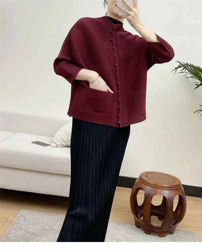 Women's Bat Sleeve Pleated T-Shirt Jacket – Loose Fit Single Breasted Top