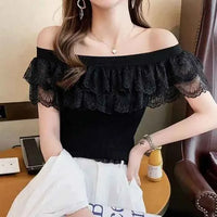 Women's Lace Ruffle Summer Blouse – Sweet Patchwork Knitted Tunic Top