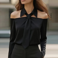 Women's Satin Long Sleeve Office Blouse – Elegant Solid Color Office Pullover