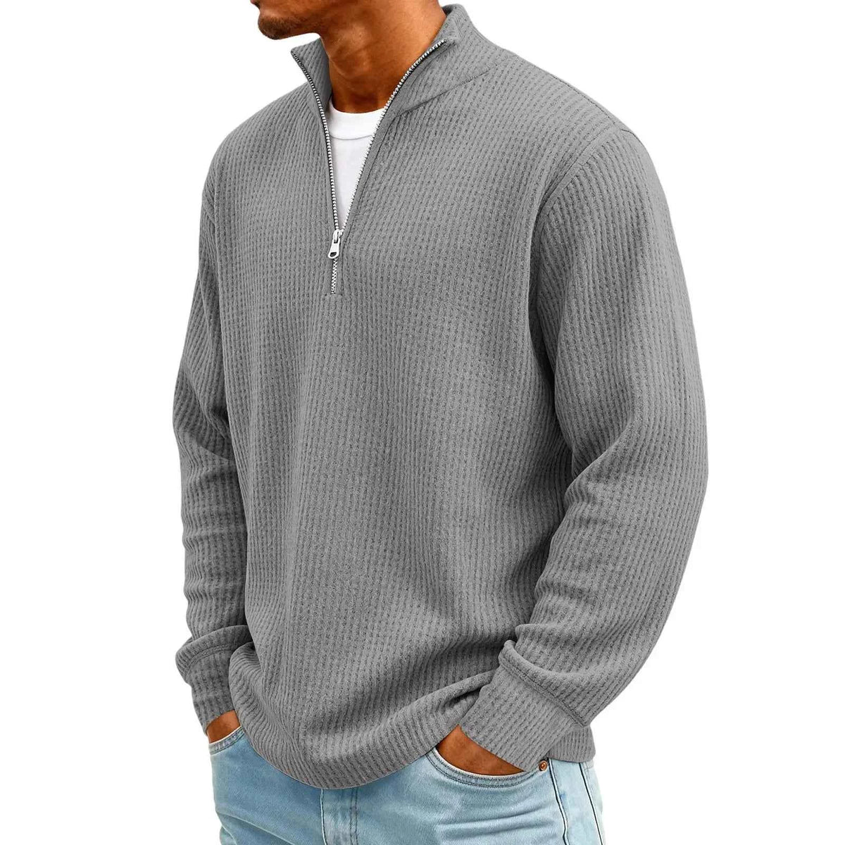 Men's Waffle Long Sleeve Polo T-Shirt – Casual Loose Fit Zipper Collar Sweatshirt