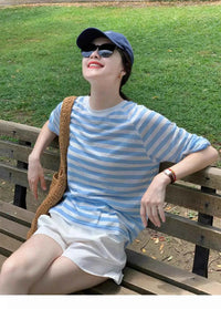 Women's Striped Loose Fit Summer T-Shirt – Trendy Korean Style Sun-Proof Summer Top