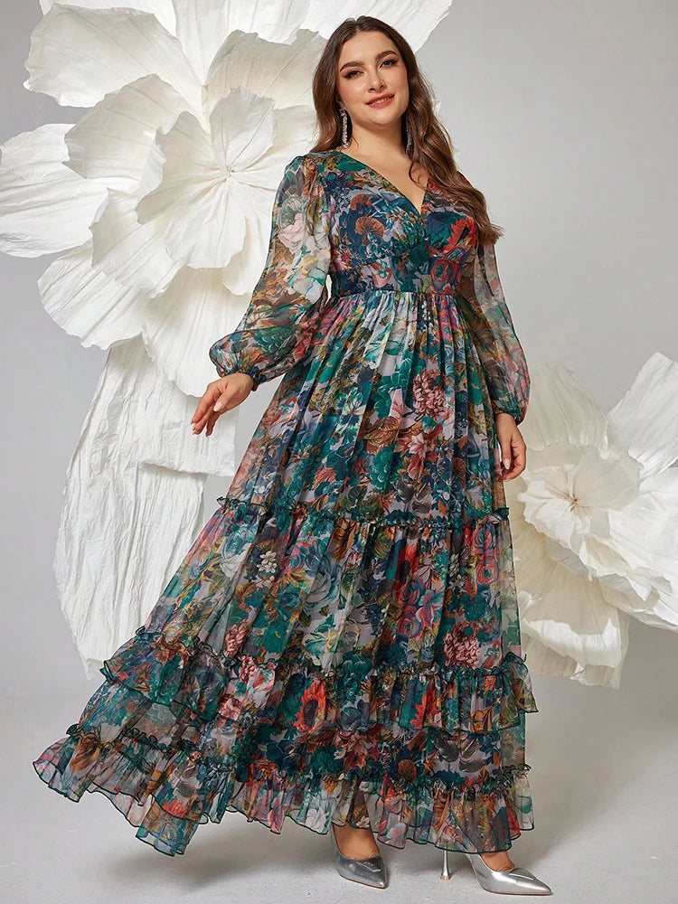 Women's Plus Size Floral Maxi Dress – Elegant V-Neck Party Dress 2024