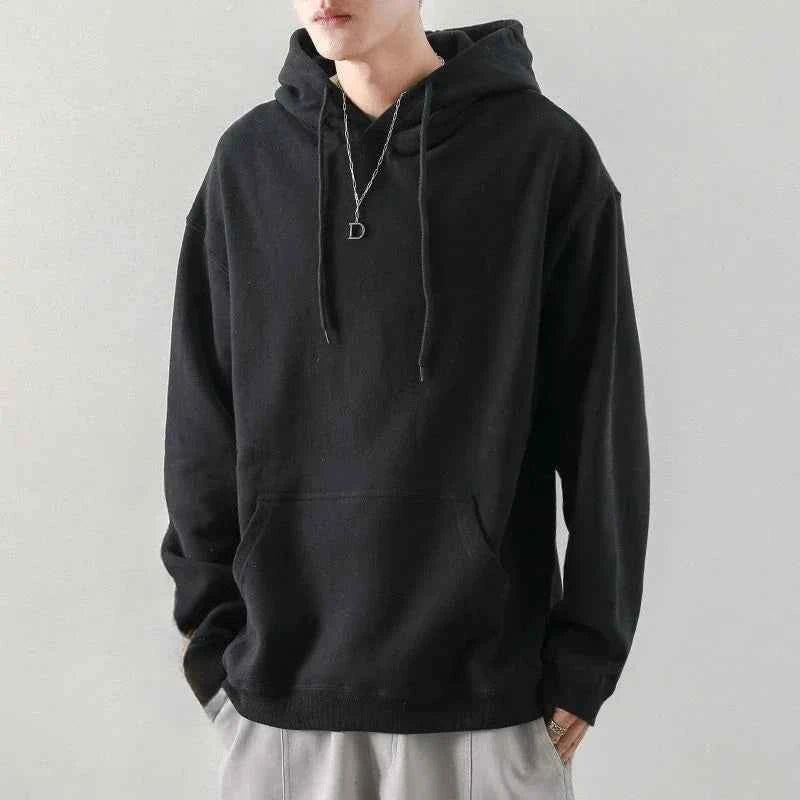 Men's Green Fleece Hooded Sweatshirt – Solid Color Casual Pullover Hoodie