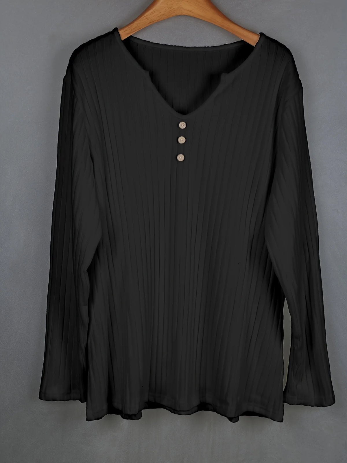 Women's Plus Size Ribbed V-Neck Top – Soft Long Sleeve Button Detail Shirt