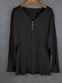 Women's Plus Size Ribbed V-Neck Top – Soft Long Sleeve Button Detail Shirt