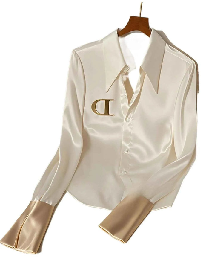 Women's Acetate Satin White Shirt – High-End Western Style Elegant Blouse