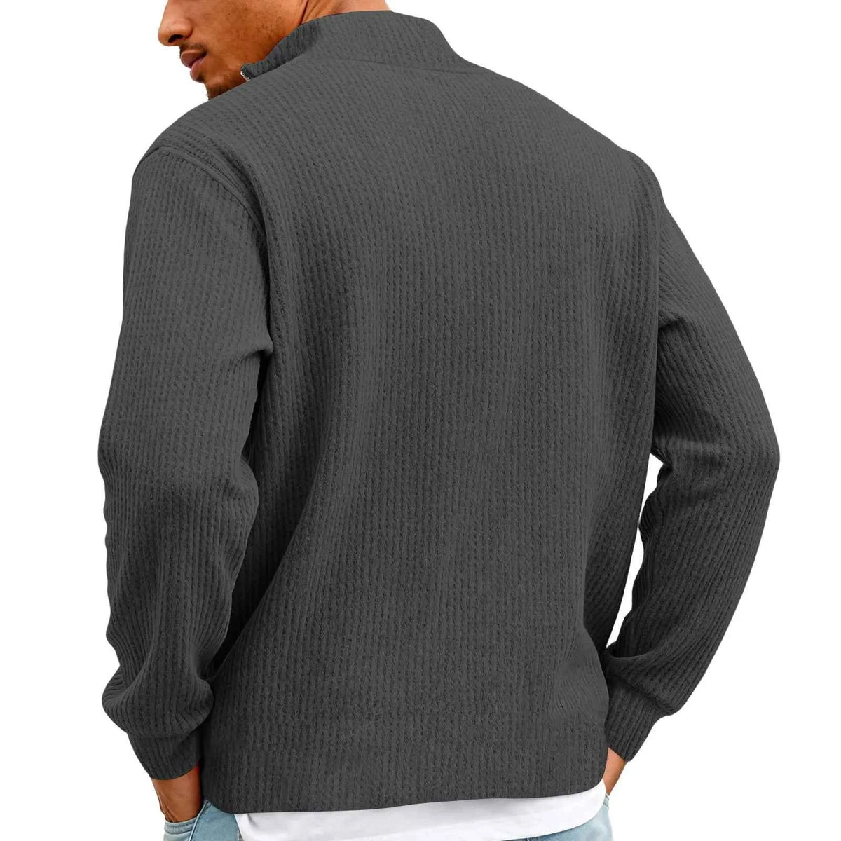 Men's Waffle Long Sleeve Polo T-Shirt – Casual Loose Fit Zipper Collar Sweatshirt