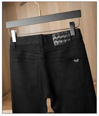 Men's Pure Black Slim Fit Jeans – Light Luxury Stretch Straight Leg Pants 2025