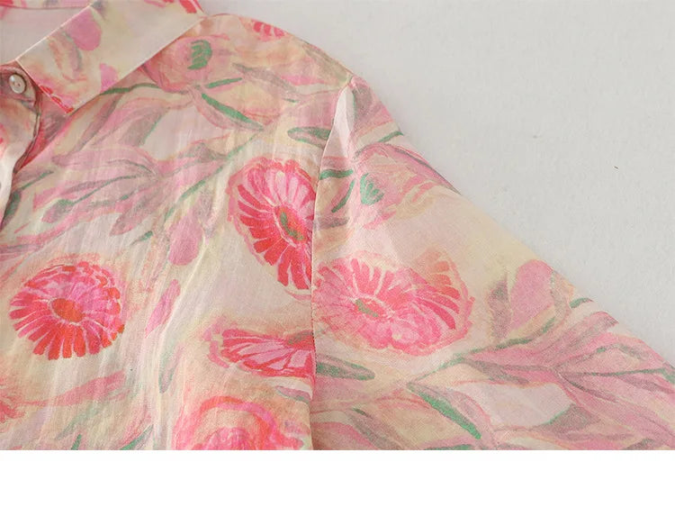 Women's Floral Cotton Linen Shirt – French Artistic Print Long Sleeve Blouse