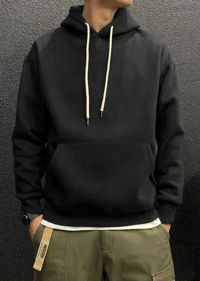 Men's Green Fleece Hooded Sweatshirt – Solid Color Casual Pullover Hoodie
