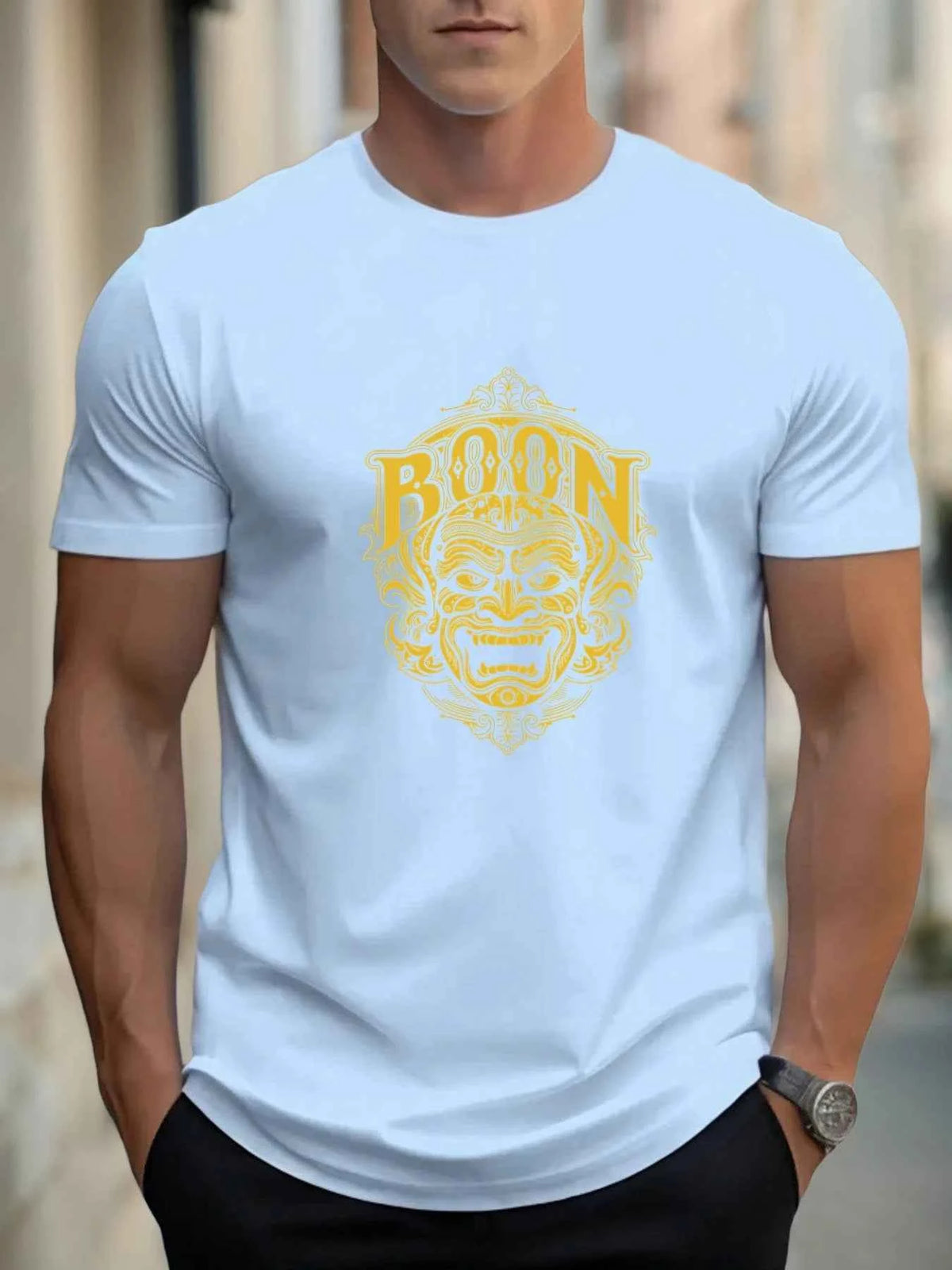 Men's Cotton Graphic Mask T-Shirt – Summer Round Neck Streetwear Tee