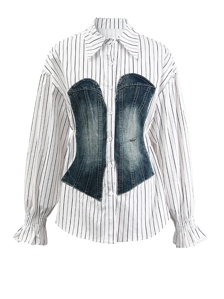 Women's Striped Denim Spliced Blouse – Elegant Lapel Long Sleeve Shirt 2026