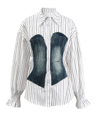 Women's Striped Denim Spliced Blouse – Elegant Lapel Long Sleeve Shirt 2026