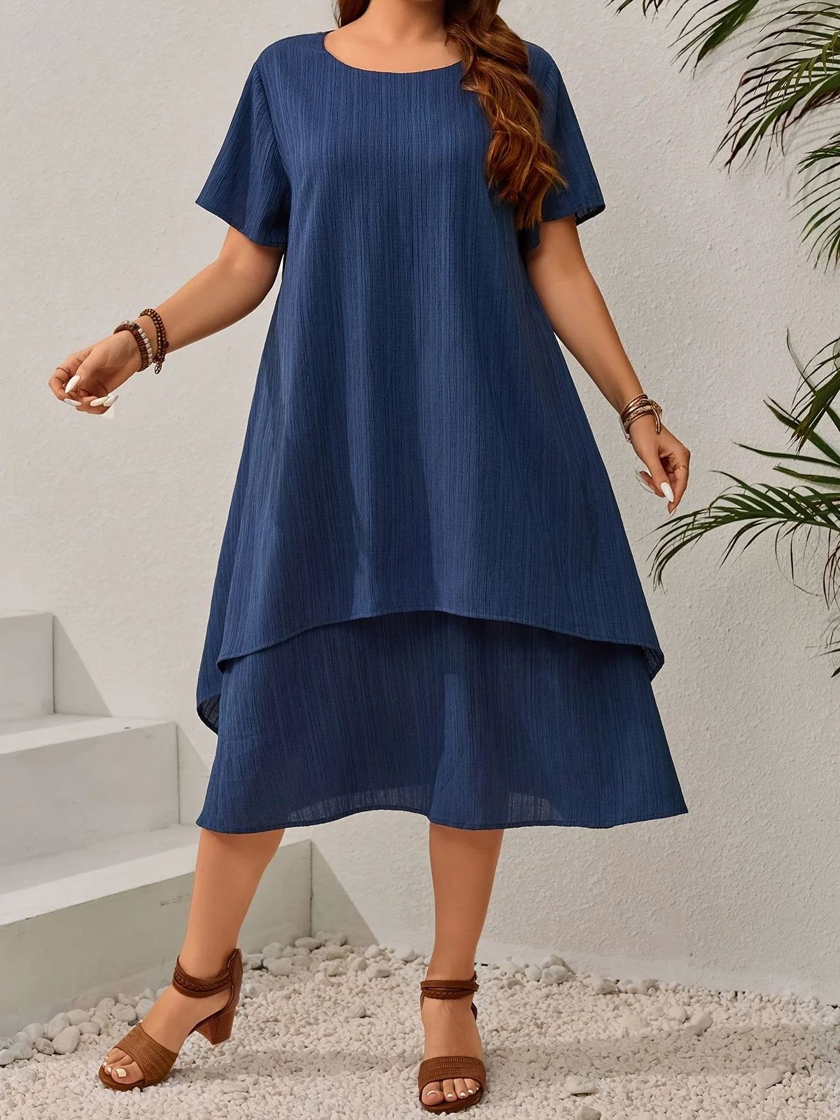 Women's Plus Size Navy Blue Dress – Elegant Loose Summer Dress for Curvy Women