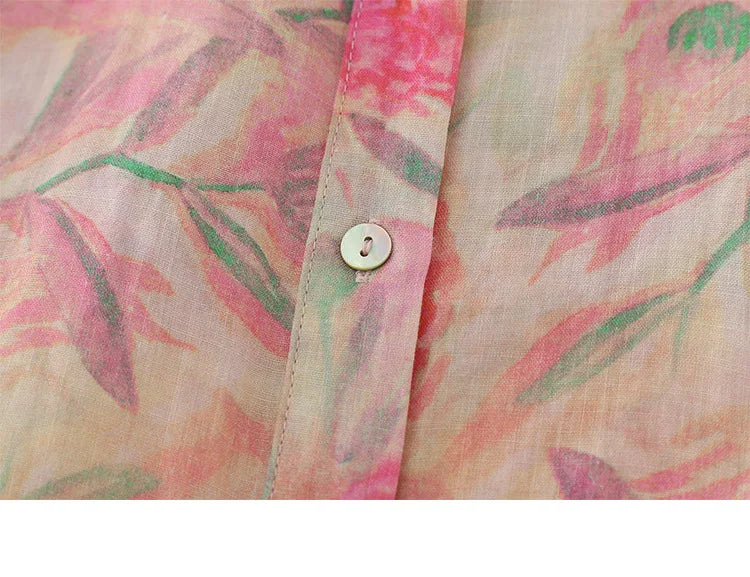 Women's Floral Cotton Linen Shirt – French Artistic Print Long Sleeve Blouse